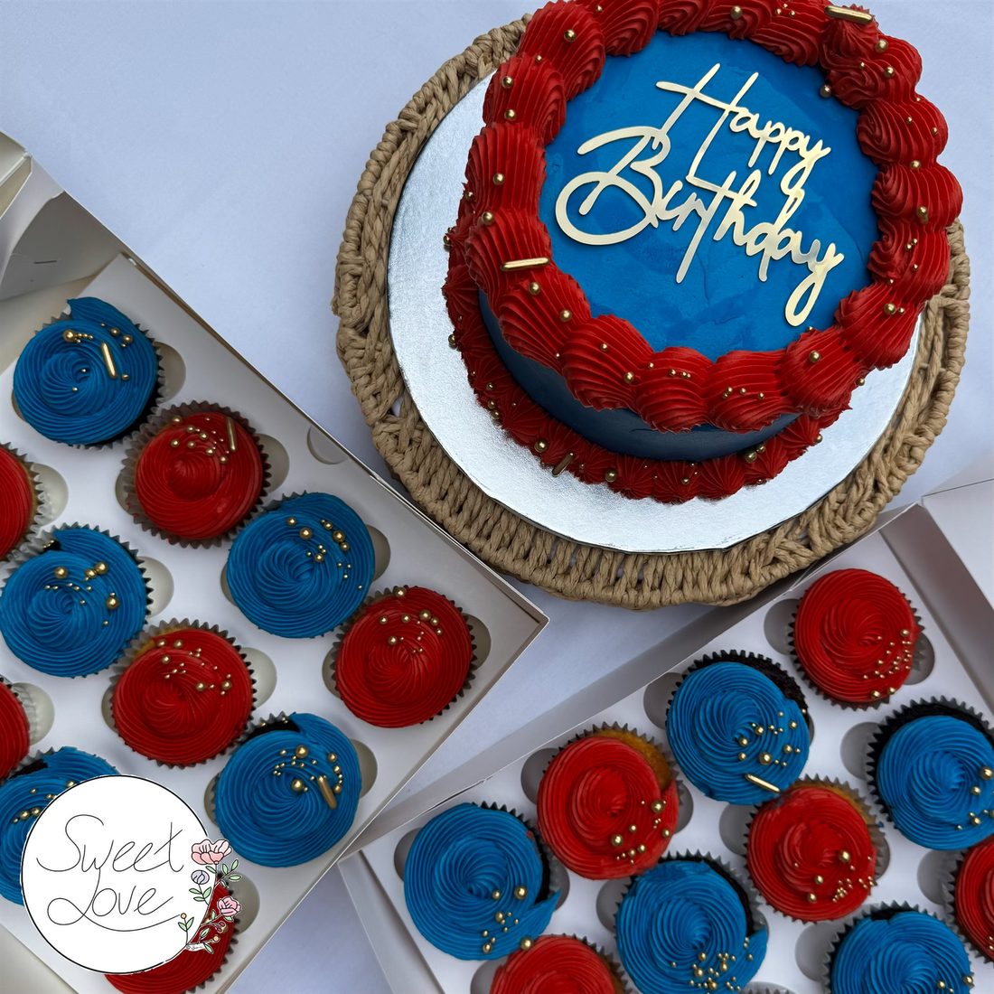 Red and blue custom cake