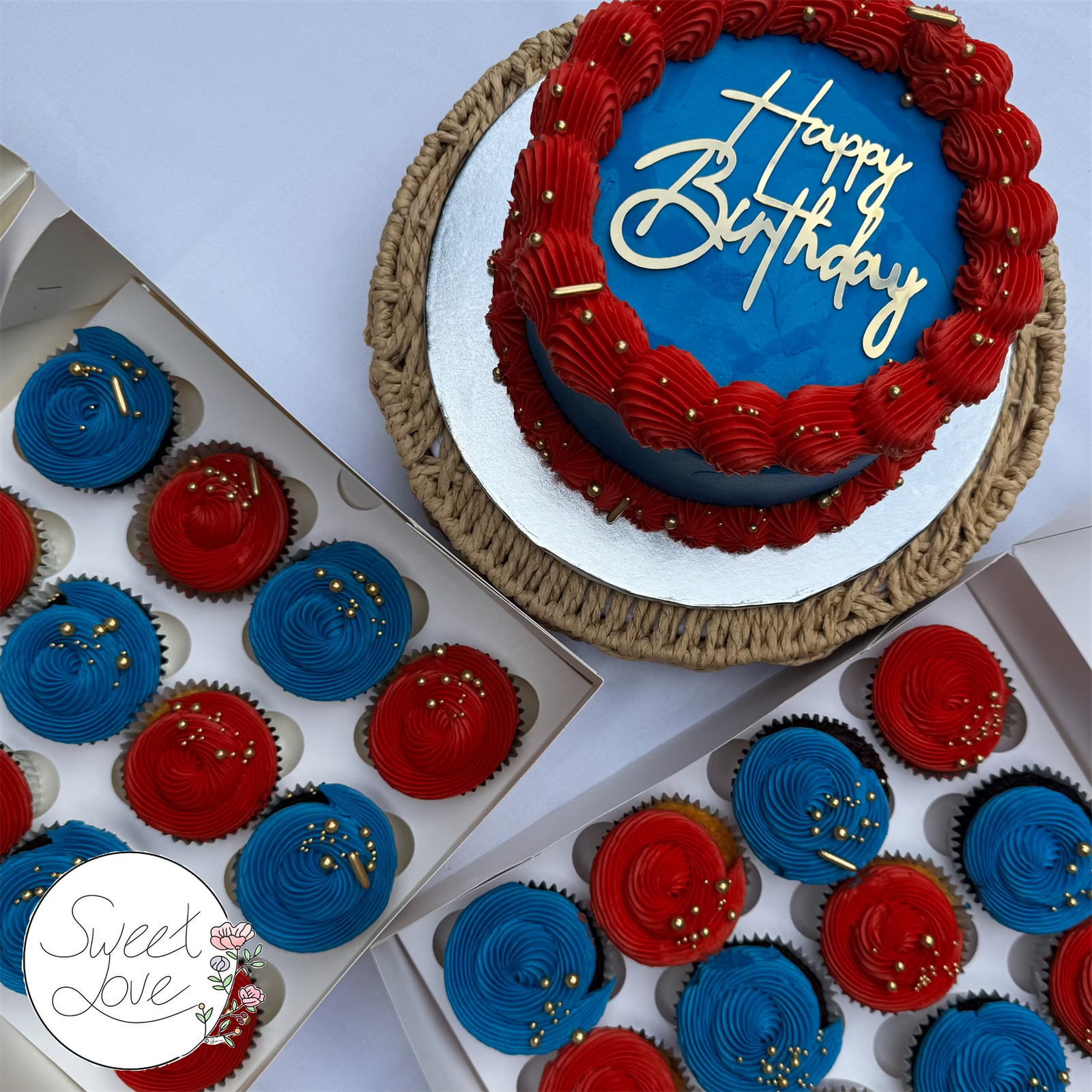 Red and blue custom cake