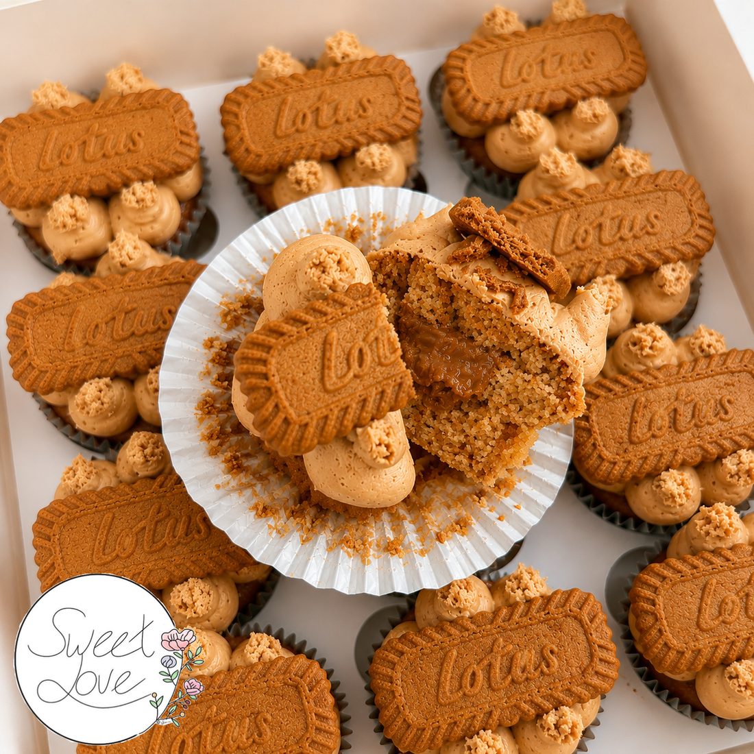 Biscoff cupcakes topped with Lotus biscuits