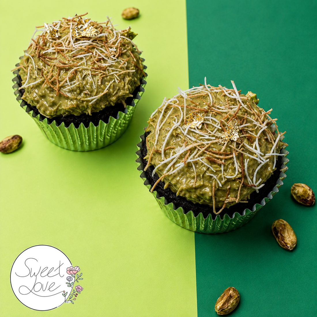 Dubai chocolate cupcake with pistachio kataifi and gold flakes
