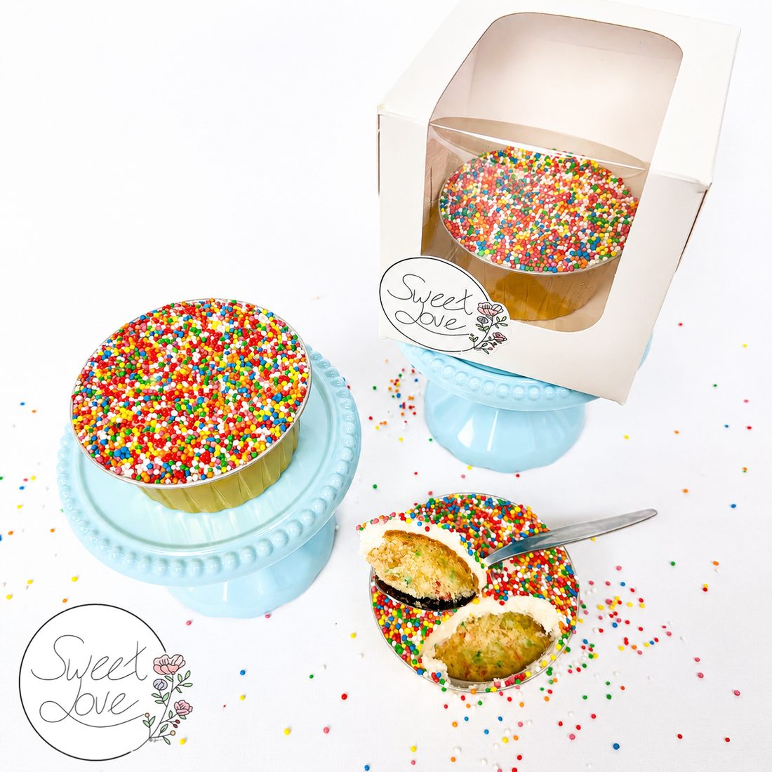 Rainbow sprinkle covered dot cake